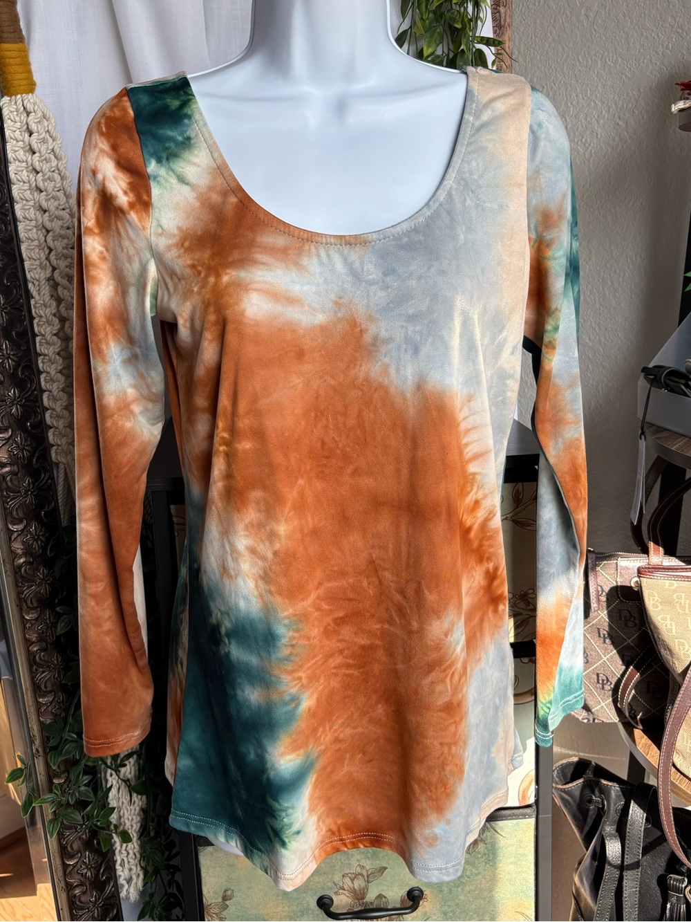Savvi Earth Tone Tie Dye Scoop Neck Long Sleeve Top Rust Teal Grey M